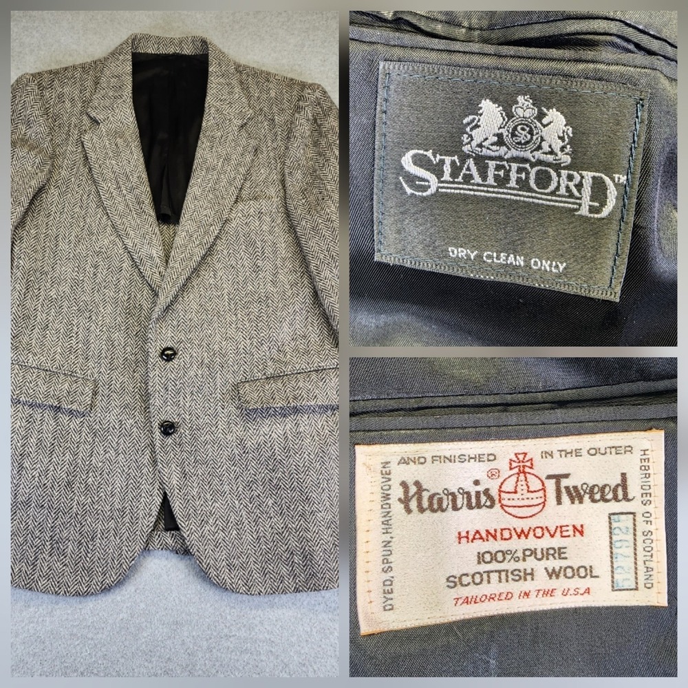 Stafford Harris Tweed Mens 42R Gray Blazer Sports Coat Wool Herringbone **READ**